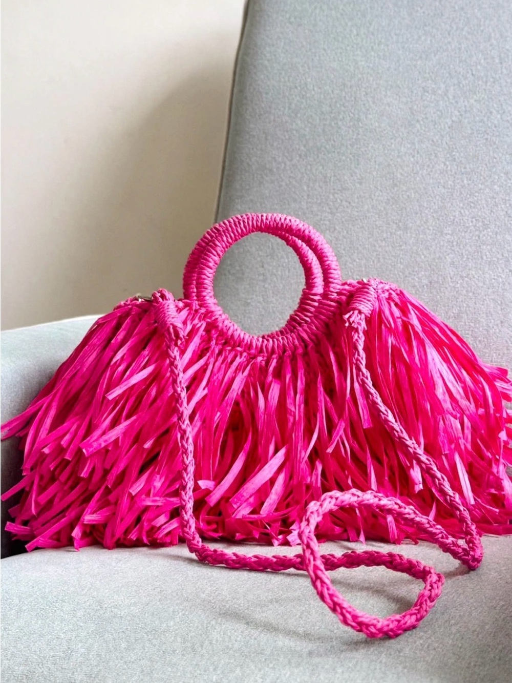 Bright Pink Fringe Mini Tote Bag with Round Handles